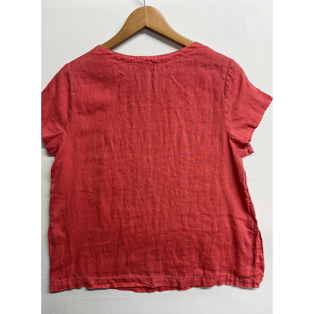 Cynthia Rowley 100%‎ Linen Coral Red Short Sleeve Top Women's Medium Button Hem - Picture 2 of 12